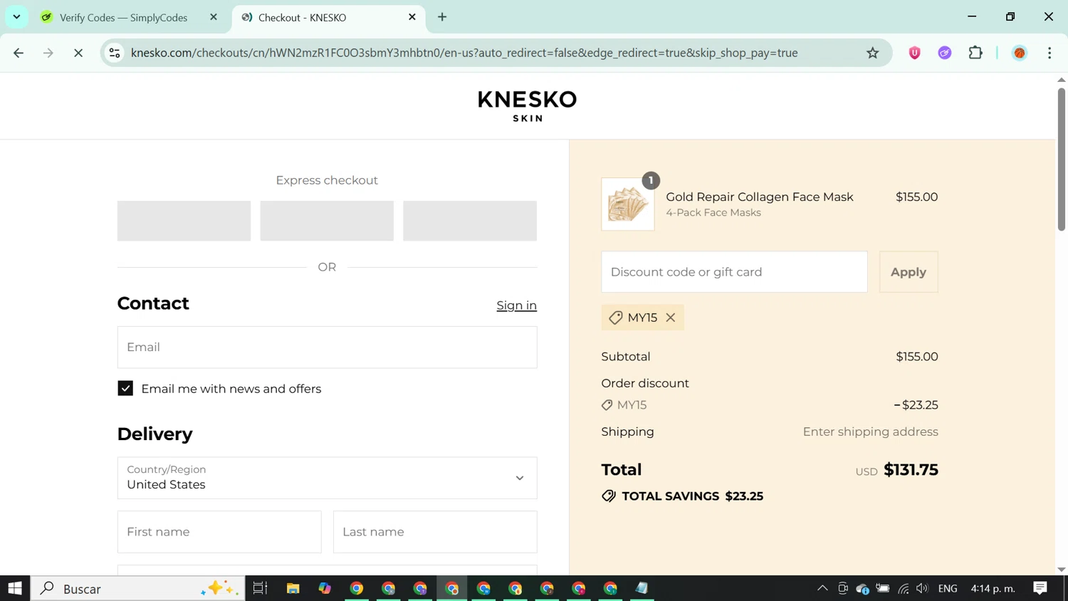 Knesko Skin promo code screenshot showing code MY15 applied at Knesko Skin checkout page. Uploaded by SimplyCodes community member ABUSAMADRES_ on Sep 9, 2025