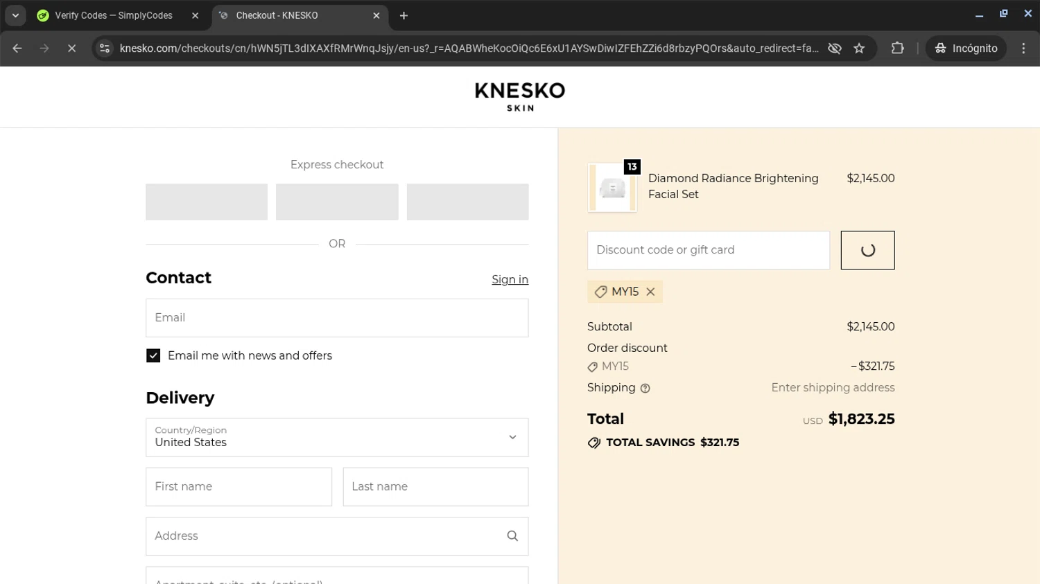 Knesko Skin promo code screenshot showing code MY15 applied at Knesko Skin checkout page. Uploaded by SimplyCodes community member AVAMUSTANG on Nov 26, 2025