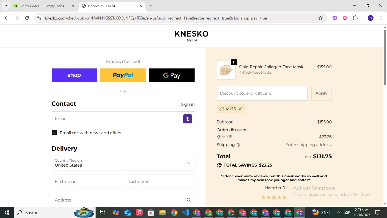 Knesko Skin promo code screenshot showing code MY15 applied at Knesko Skin checkout page. Uploaded by SimplyCodes community member PrimeNavigator3251 on Oct 12, 2025
