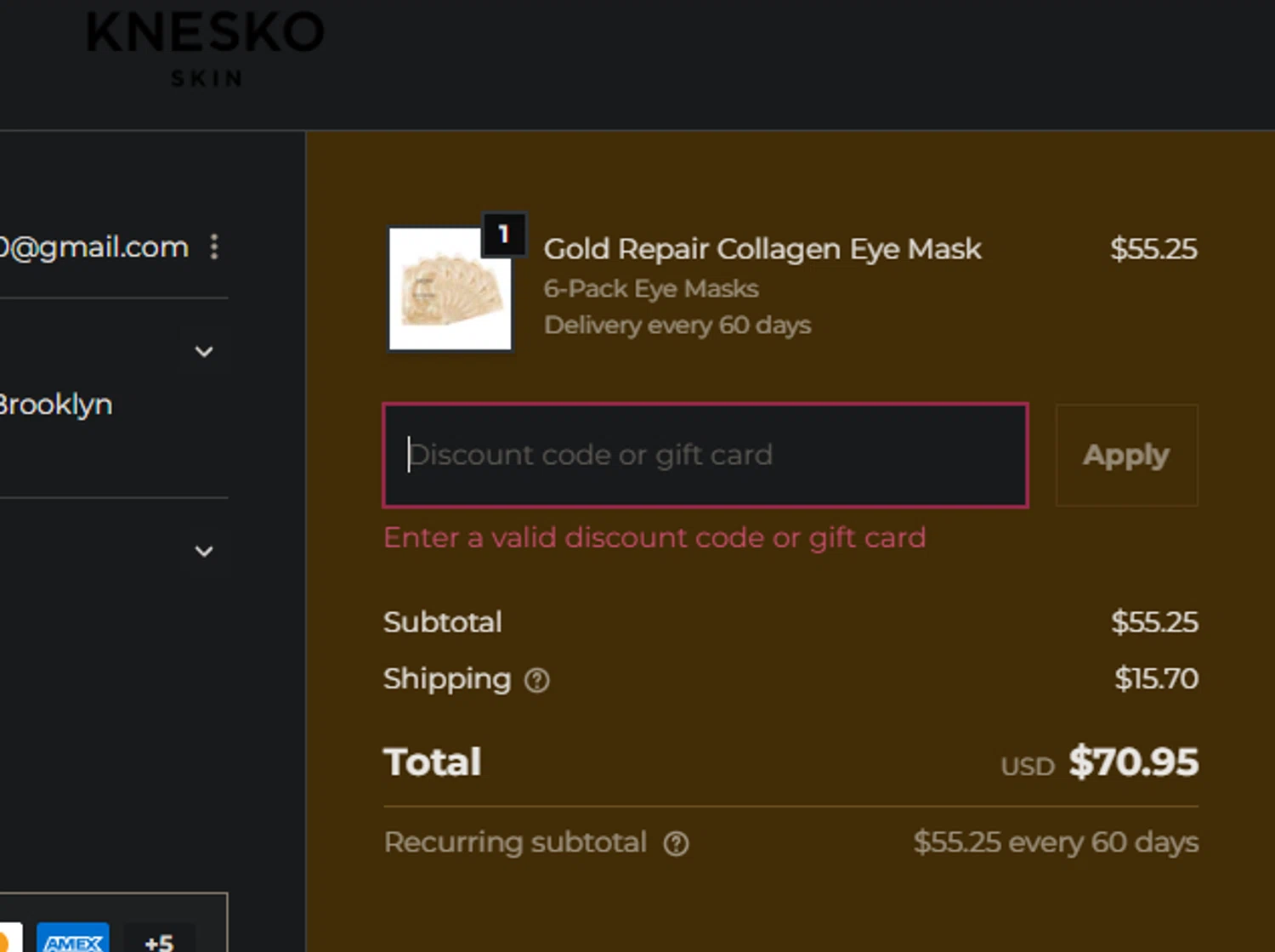 Knesko Skin promo code screenshot showing code Bf2025 applied at Knesko Skin checkout page. Uploaded by SimplyCodes community member CleverPro3528 on Dec 1, 2025