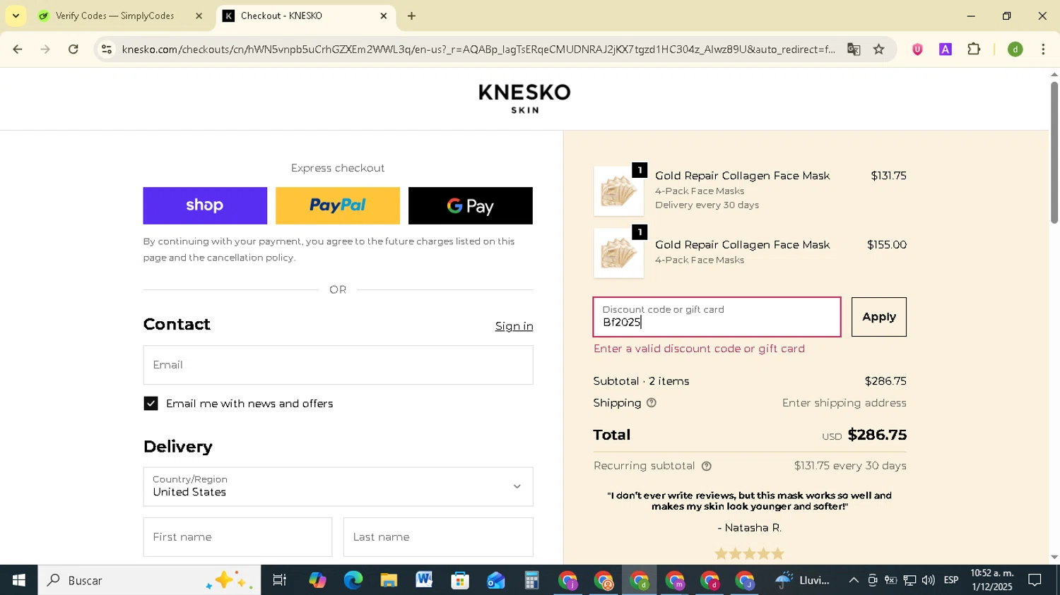 Knesko Skin promo code screenshot showing code Bf2025 applied at Knesko Skin checkout page. Uploaded by SimplyCodes community member SavingsSentinel833 on Dec 1, 2025