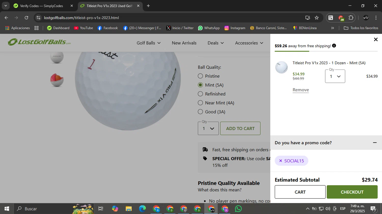 LostGolfBalls.com promo code screenshot showing code SOCIAL15 applied at LostGolfBalls.com checkout page. Uploaded by SimplyCodes community member Ricardobr06 on Mar 29, 2025