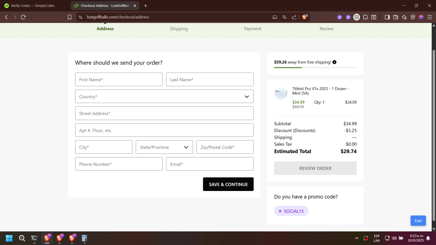 LostGolfBalls.com promo code screenshot showing code SOCIAL15 applied at LostGolfBalls.com checkout page. Uploaded by SimplyCodes community member esperanza on Sep 10, 2025