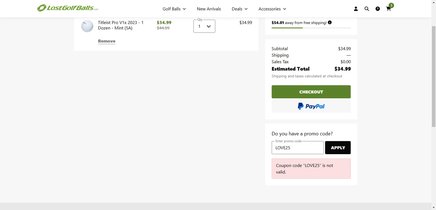 LostGolfBalls.com promo code screenshot showing code LOVE25 applied at LostGolfBalls.com checkout page. Uploaded by SimplyCodes community member Lorencia on Mar 14, 2025