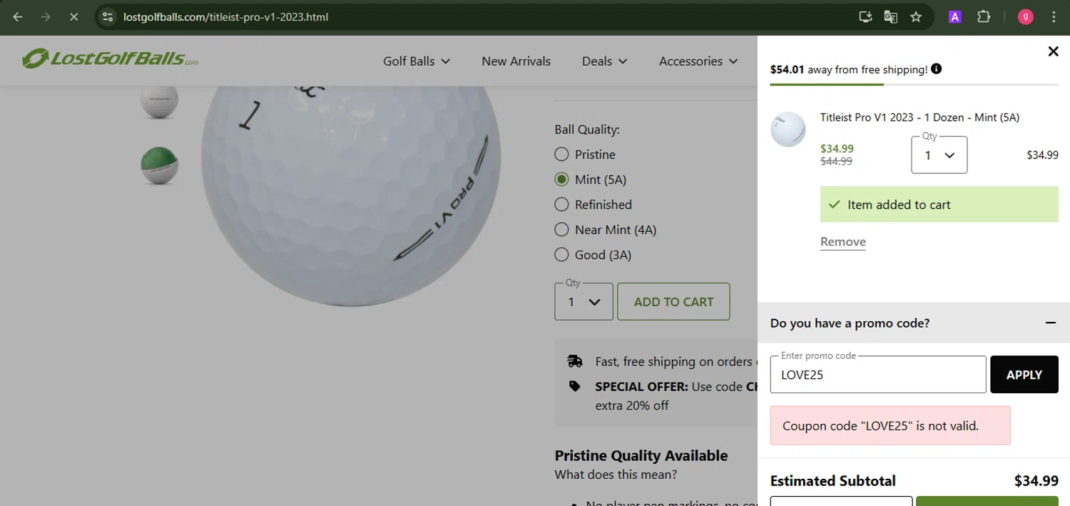LostGolfBalls.com promo code screenshot showing code LOVE25 applied at LostGolfBalls.com checkout page. Uploaded by SimplyCodes community member MoneyFalcon481 on Mar 14, 2025