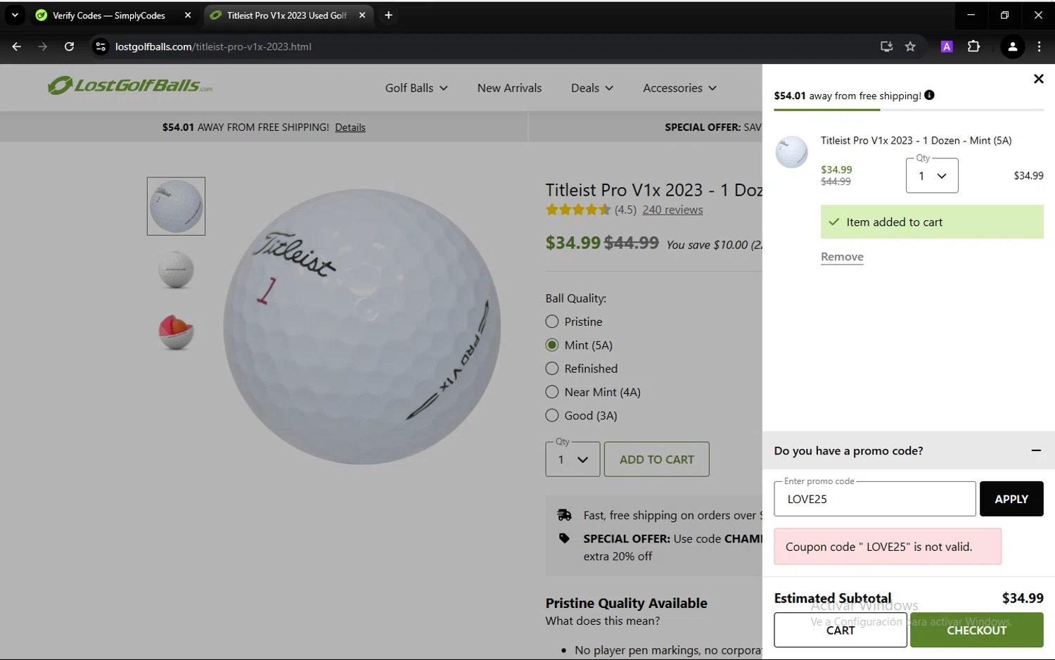 LostGolfBalls.com promo code screenshot showing code LOVE25 applied at LostGolfBalls.com checkout page. Uploaded by SimplyCodes community member hugofraile on Mar 14, 2025