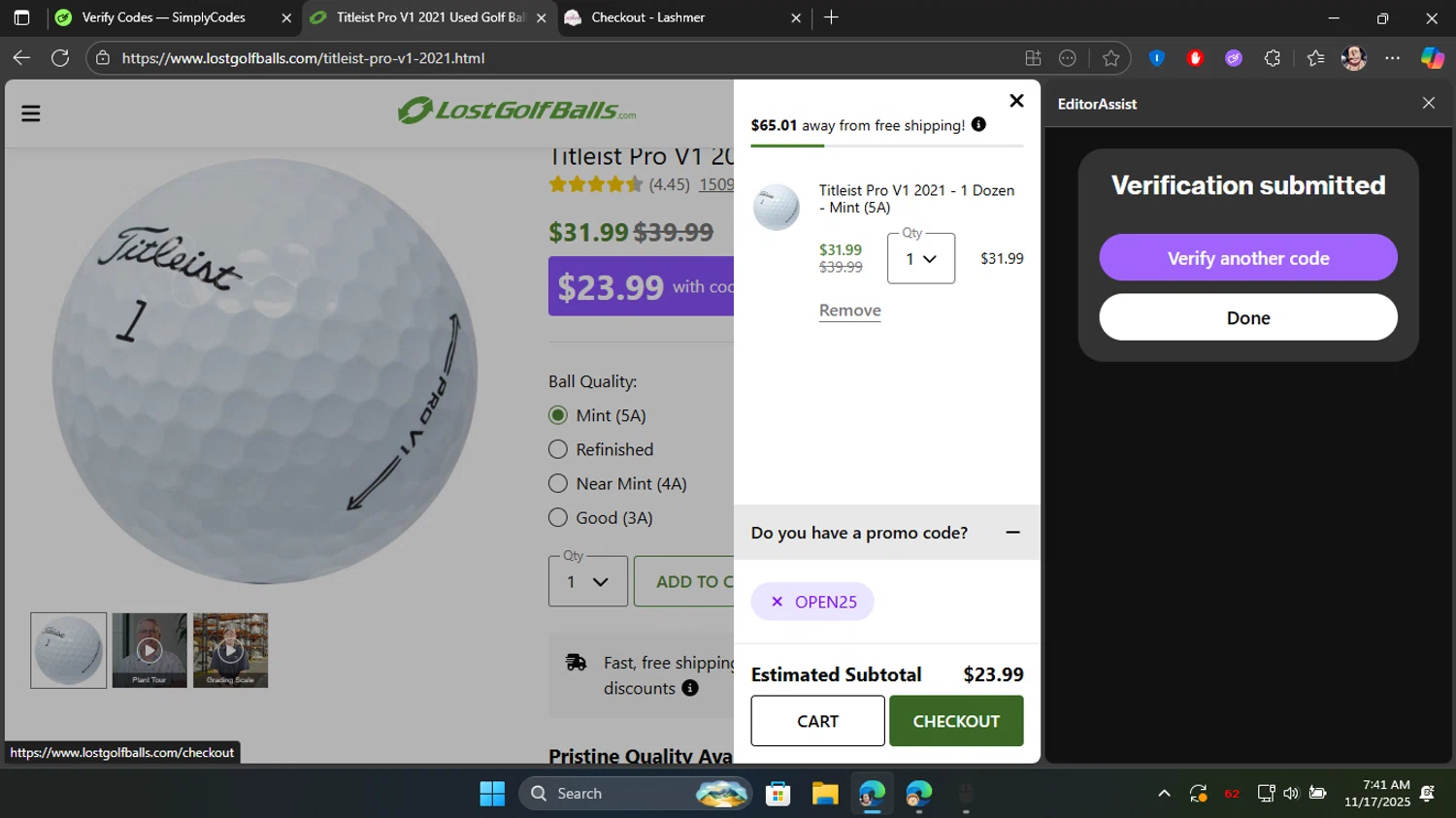 LostGolfBalls.com promo code screenshot showing code open25 applied at LostGolfBalls.com checkout page. Uploaded by SimplyCodes community member Blackleg_Sanji on Nov 17, 2025