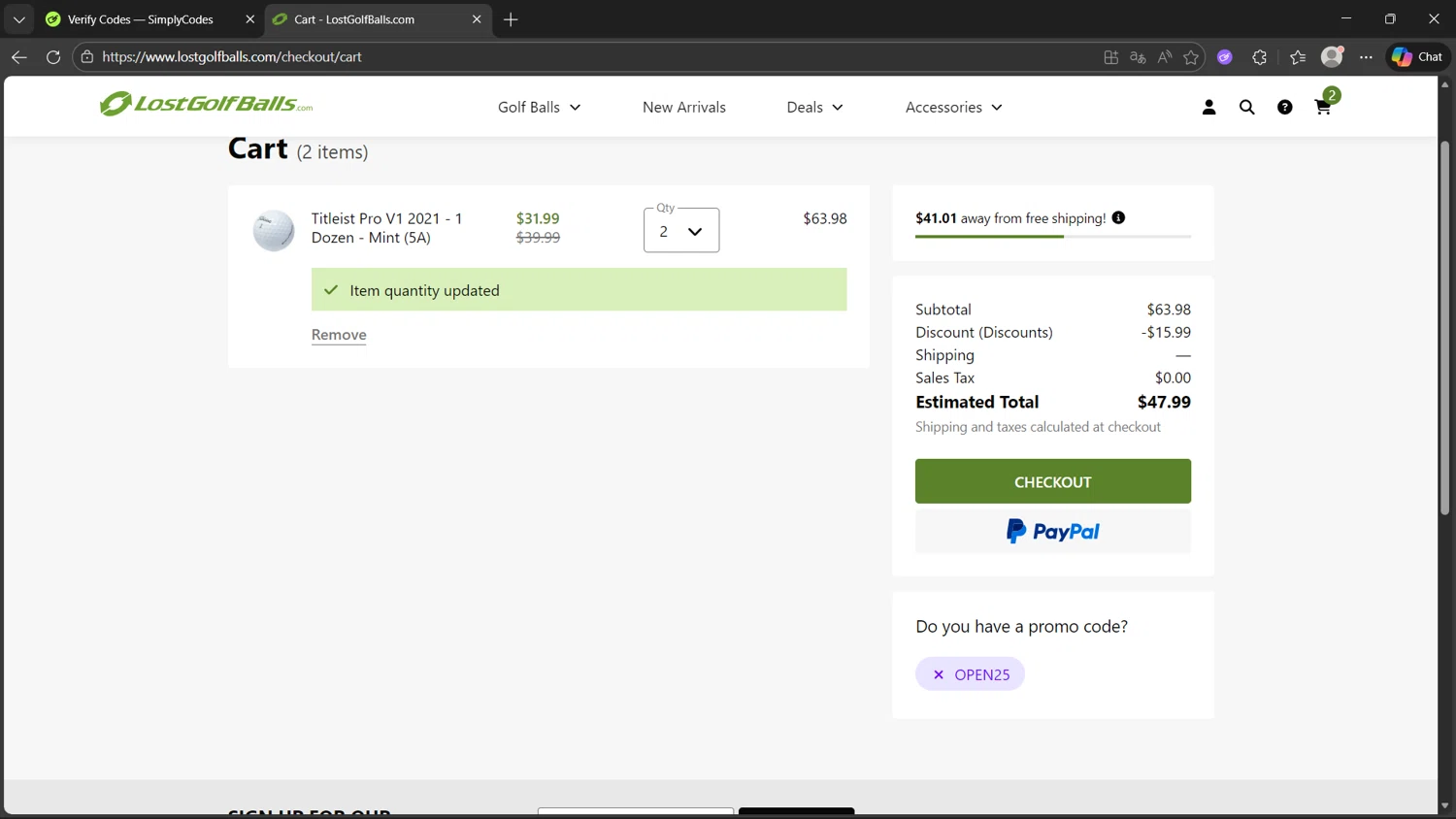 LostGolfBalls.com promo code screenshot showing code open25 applied at LostGolfBalls.com checkout page. Uploaded by SimplyCodes community member Clairer on Dec 9, 2025