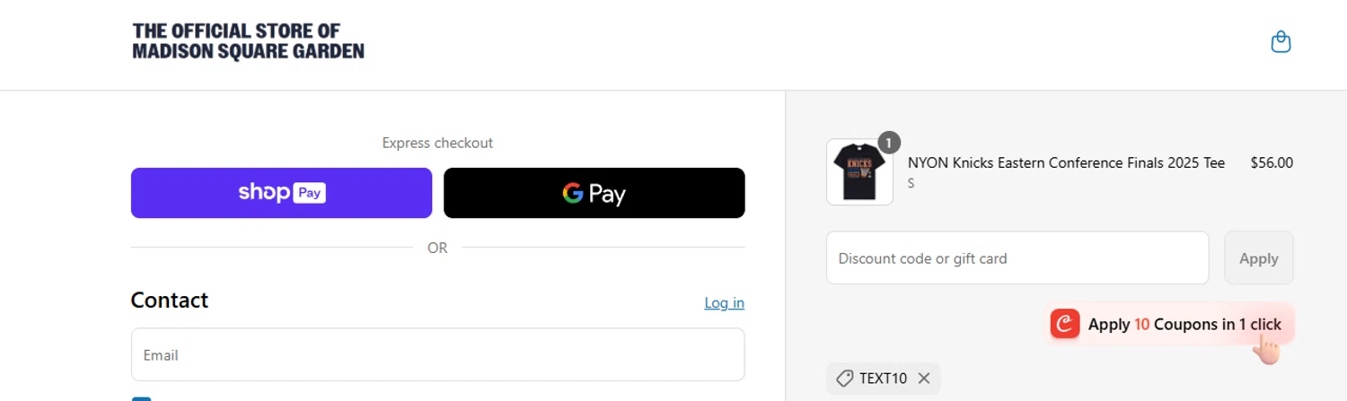 Knicks discount code screenshot showing code TEXT10 applied at Knicks checkout page. Uploaded by SimplyCodes community member ashe1986 on Jun 19, 2025