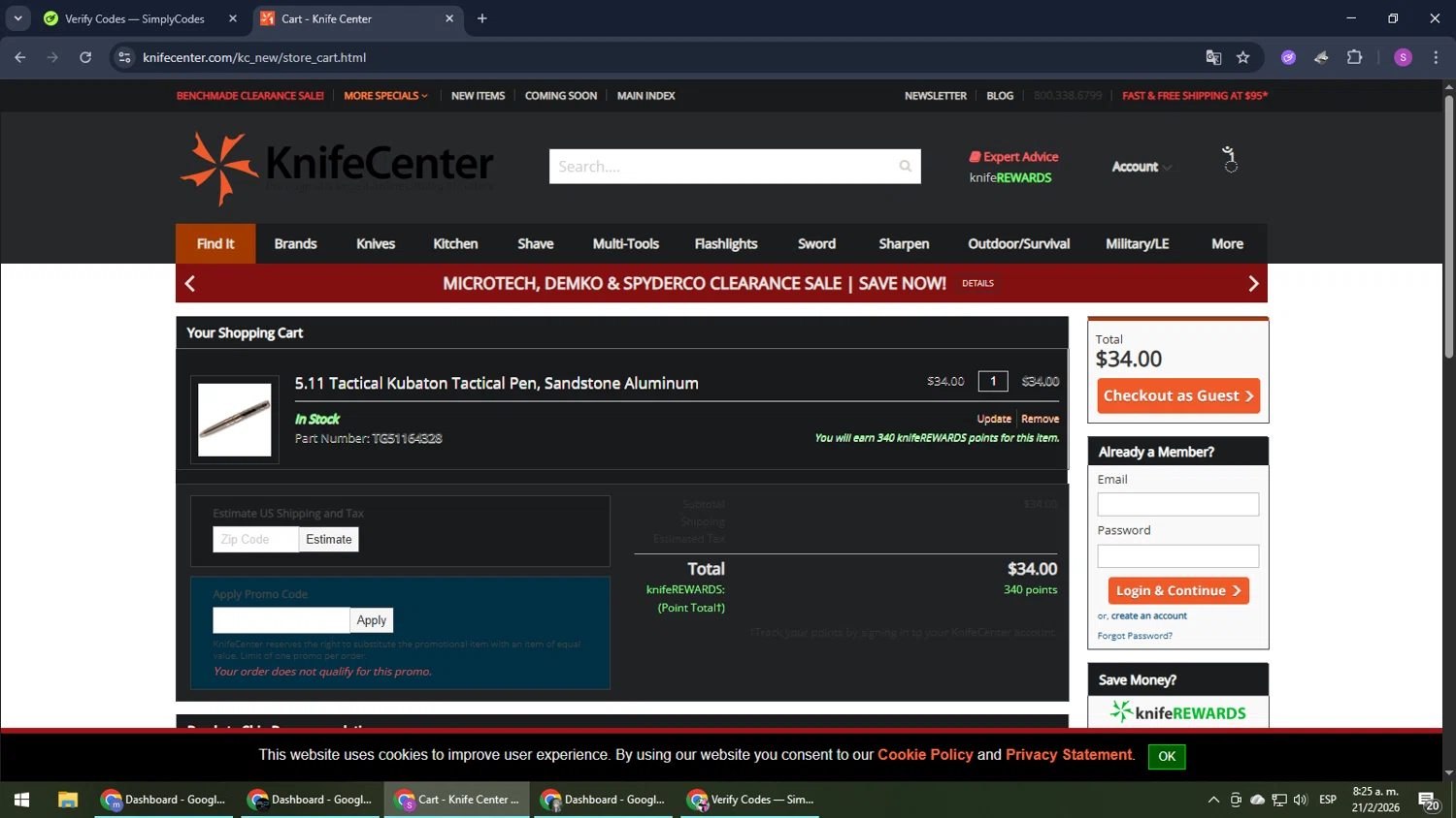 Knife Center promo code screenshot showing code SURVIVALCARD applied at Knife Center checkout page. Uploaded by SimplyCodes community member Son_Goku on Feb 21, 2026
