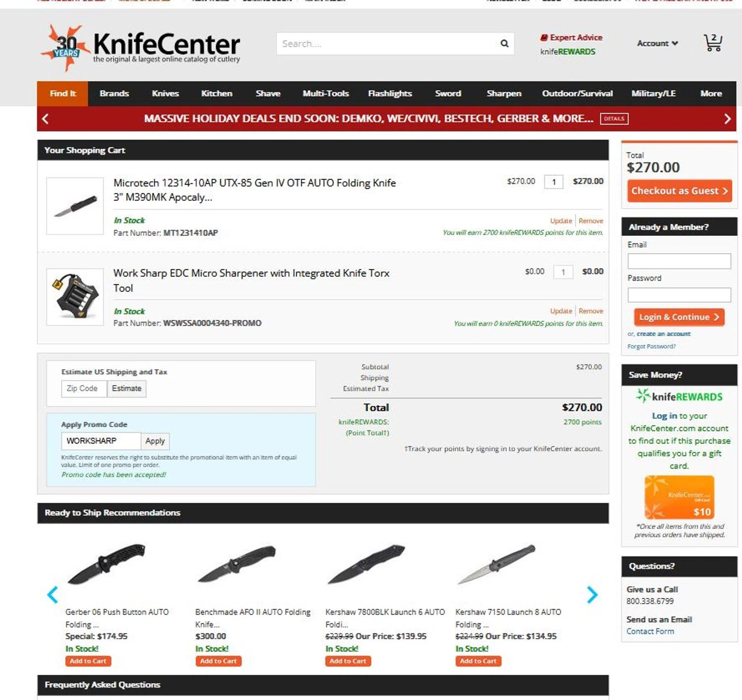 Knife Center promo code screenshot showing code WORKSHARP applied at Knife Center checkout page. Uploaded by SimplyCodes community member stygian1 on Dec 29, 2025