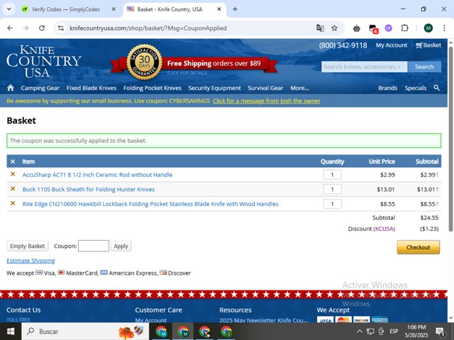 Knife Country USA checkout page showing Knife Country USA promo code box | Screenshot taken by SimplyCodes community member on May 20, 2025