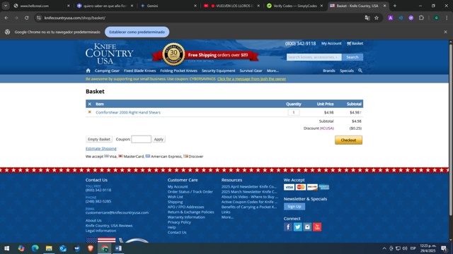 Knife Country USA checkout page showing Knife Country USA promo code box | Screenshot taken by SimplyCodes community member on Apr 29, 2025
