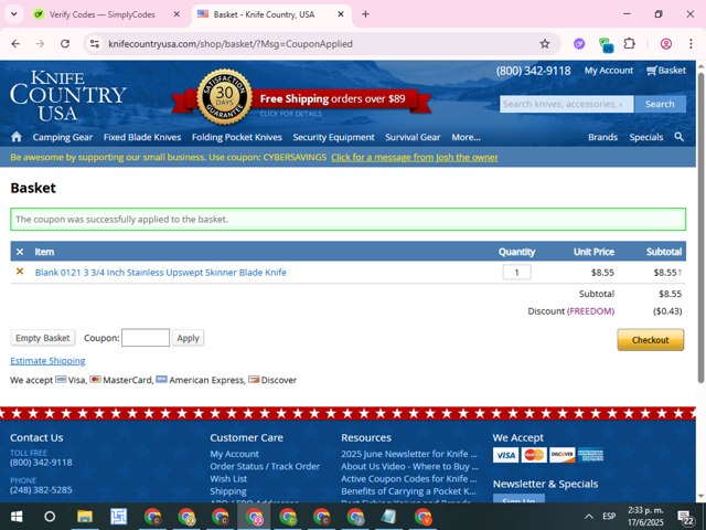 Knife Country USA checkout page showing Knife Country USA promo code box | Screenshot taken by SimplyCodes community member on Jun 17, 2025