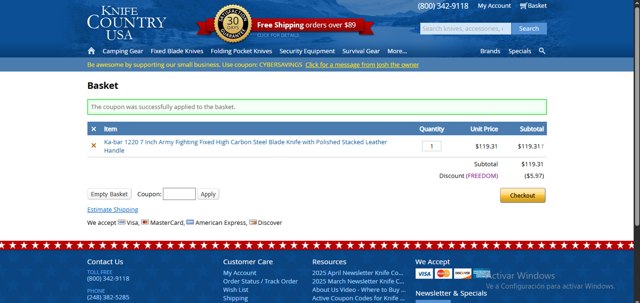 Knife Country USA checkout page showing Knife Country USA promo code box | Screenshot taken by SimplyCodes community member on Apr 29, 2025