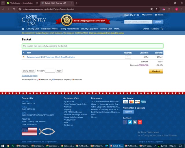 Knife Country USA checkout page showing Knife Country USA promo code box | Screenshot taken by SimplyCodes community member on May 20, 2025