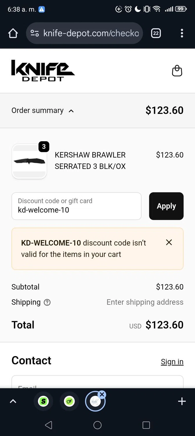 Knife Depot discount code screenshot showing code kd-welcome-10 applied at Knife Depot checkout page. Uploaded by SimplyCodes community member George09 on Dec 5, 2025