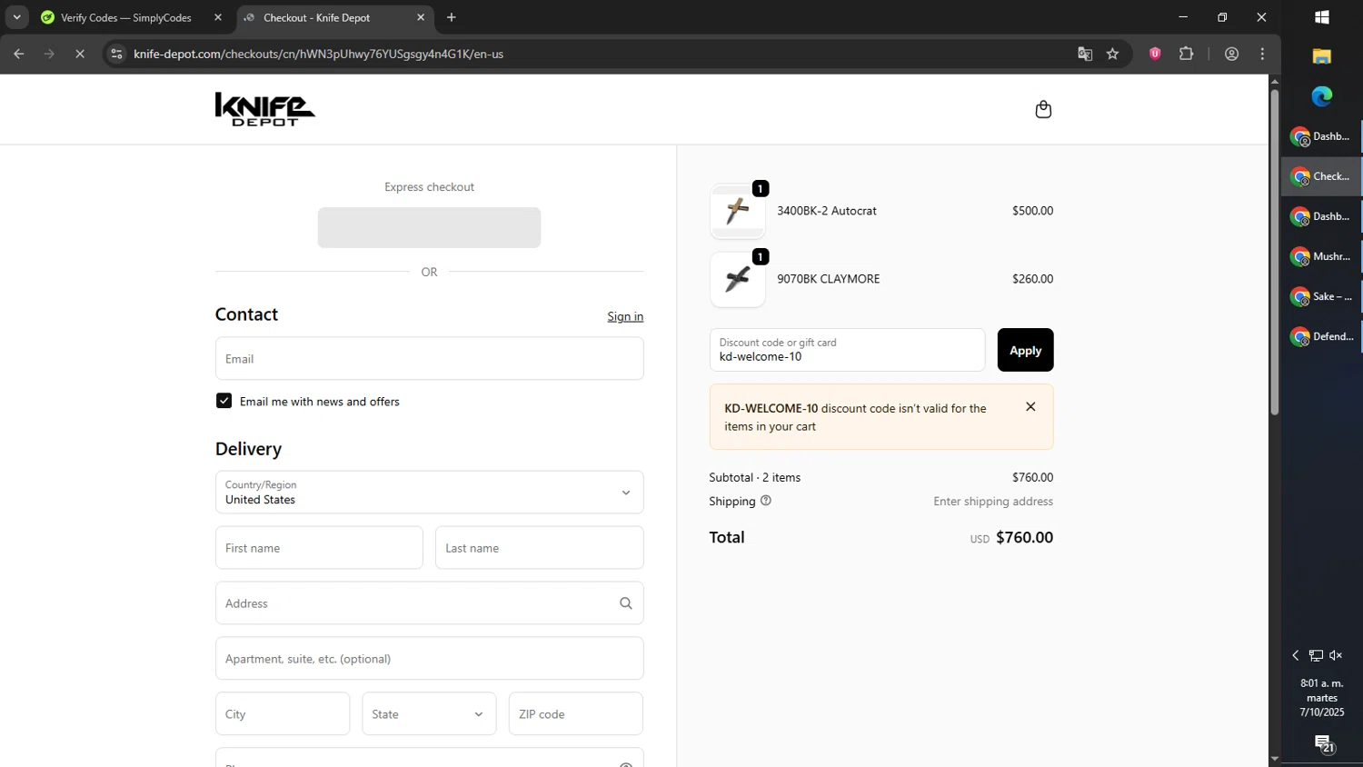 Knife Depot discount code screenshot showing code kd-welcome-10 applied at Knife Depot checkout page. Uploaded by SimplyCodes community member MoneyPilot9165 on Oct 7, 2025