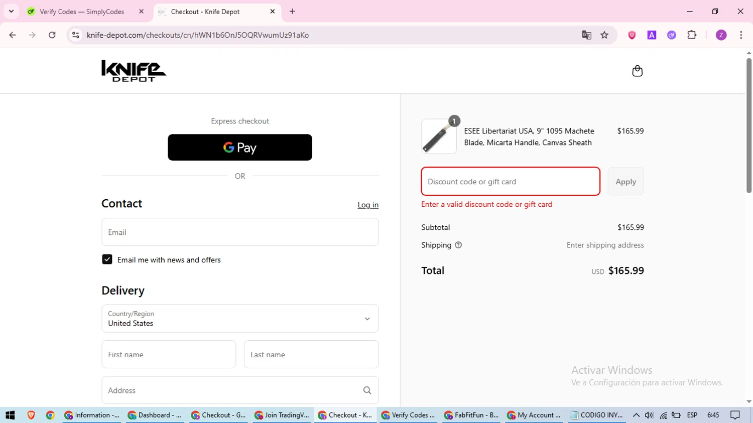 Knife Depot discount code screenshot showing code FIRSTTIMER10 applied at Knife Depot checkout page. Uploaded by SimplyCodes community member ValiantFinder3275 on Aug 9, 2025