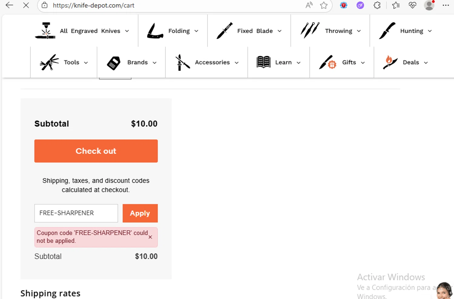 Knife Depot discount code screenshot showing code FREE-SHARPENER applied at Knife Depot checkout page. Uploaded by SimplyCodes community member Franco20 on Aug 9, 2025