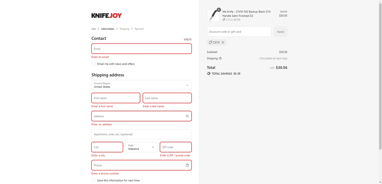 KnifeJoy discount code screenshot showing code cv15 applied at KnifeJoy checkout page. Uploaded by SimplyCodes community member DiscountWarden480 on Aug 1, 2025