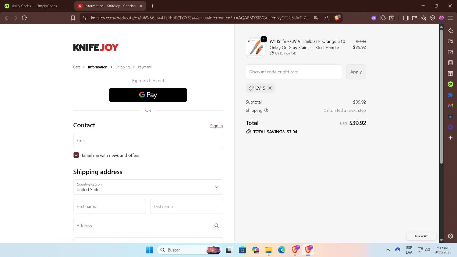 KnifeJoy discount code screenshot showing code cv15 applied at KnifeJoy checkout page. Uploaded by SimplyCodes community member ELHIJOEMILA on Nov 9, 2025
