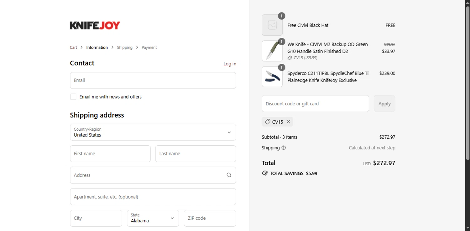 KnifeJoy discount code screenshot showing code cv15 applied at KnifeJoy checkout page. Uploaded by SimplyCodes community member Xiooh292929 on Aug 17, 2025