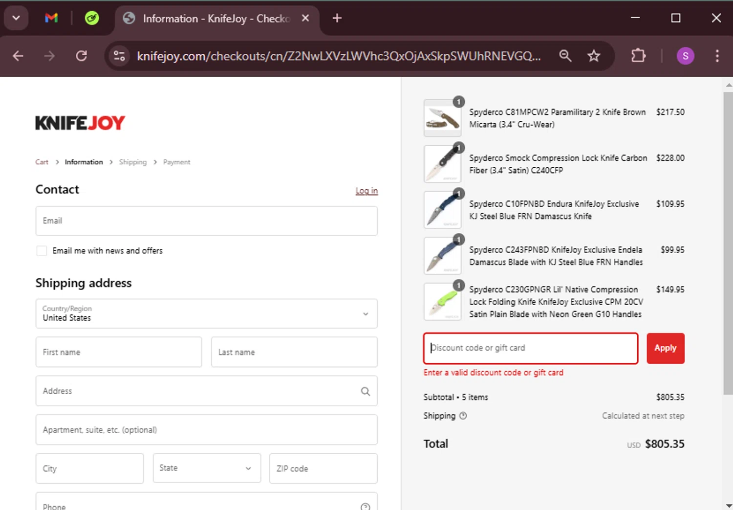 KnifeJoy discount code screenshot showing code BB25 applied at KnifeJoy checkout page. Uploaded by SimplyCodes community member tinkle_tinkle on Jan 29, 2025