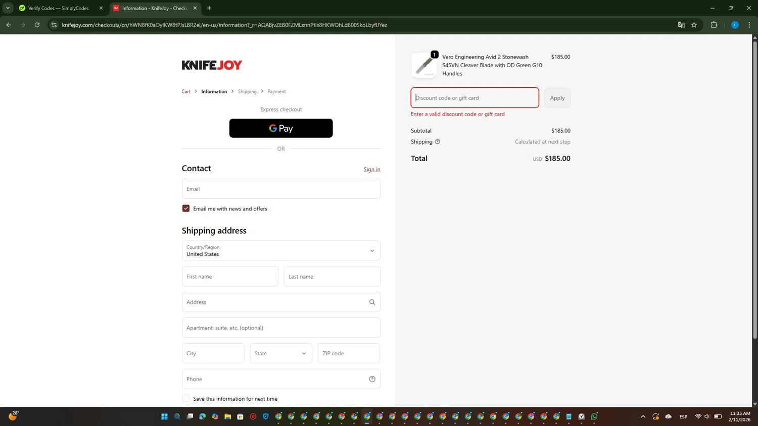 KnifeJoy discount code screenshot showing code memorial15 applied at KnifeJoy checkout page. Uploaded by SimplyCodes community member RewardVoyager146 on Feb 11, 2026