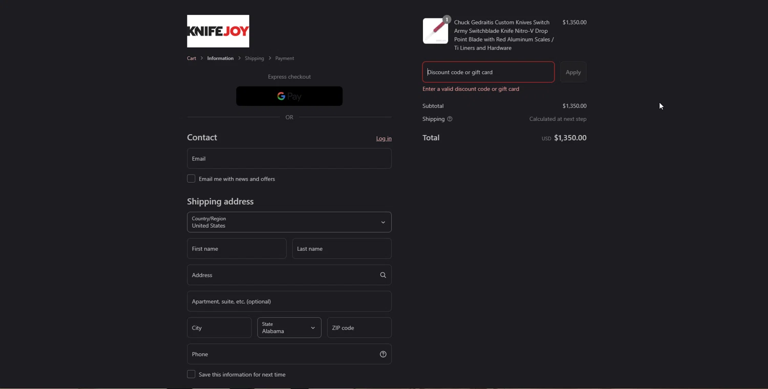 KnifeJoy discount code screenshot showing code nkd2025 applied at KnifeJoy checkout page. Uploaded by SimplyCodes community member lisethchirino on Aug 27, 2025