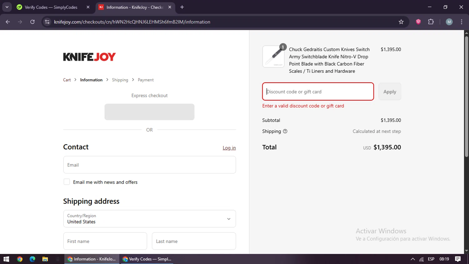 KnifeJoy discount code screenshot showing code nkd2025 applied at KnifeJoy checkout page. Uploaded by SimplyCodes community member maraxo on Aug 27, 2025