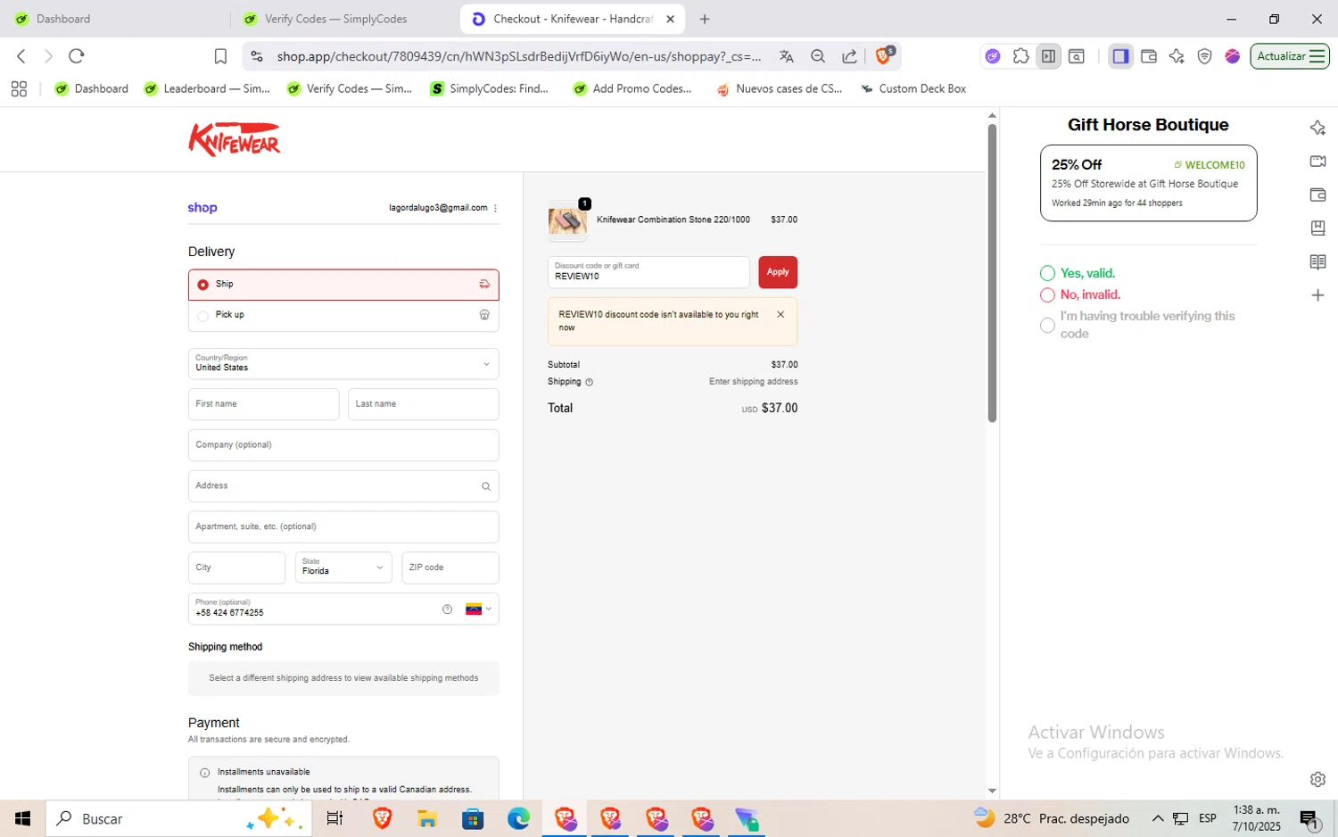 Knifewear discount code screenshot showing code REVIEW10 applied at Knifewear checkout page. Uploaded by SimplyCodes community member Rayyyyyy on Oct 7, 2025