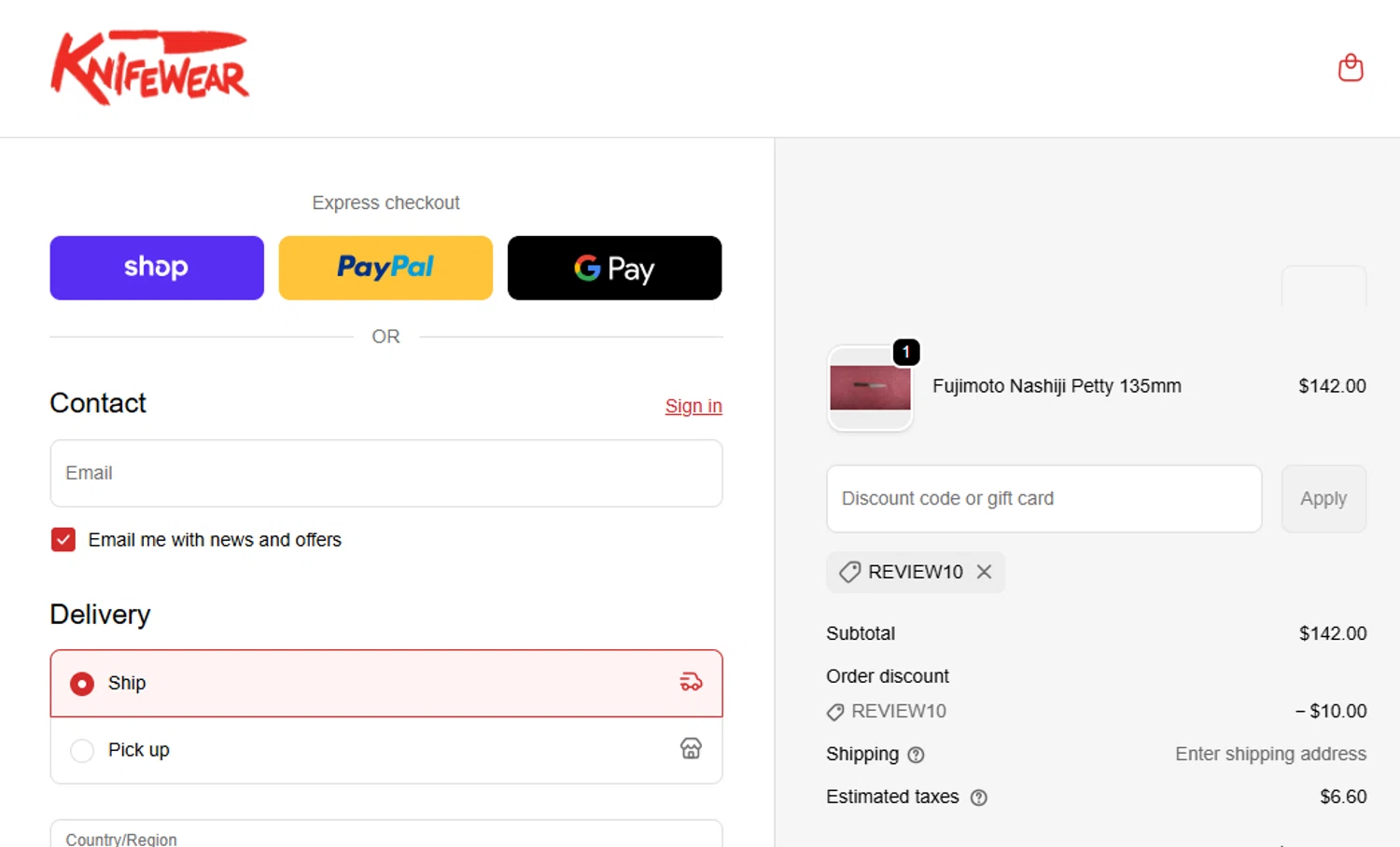 Knifewear discount code screenshot showing code REVIEW10 applied at Knifewear checkout page. Uploaded by SimplyCodes community member leiraM on Sep 23, 2025