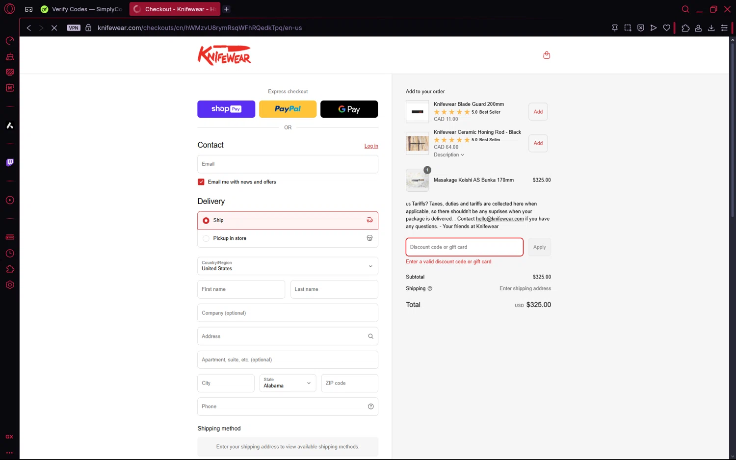 Knifewear discount code screenshot showing code SHARE15 applied at Knifewear checkout page. Uploaded by SimplyCodes community member frijolito on Jun 26, 2025