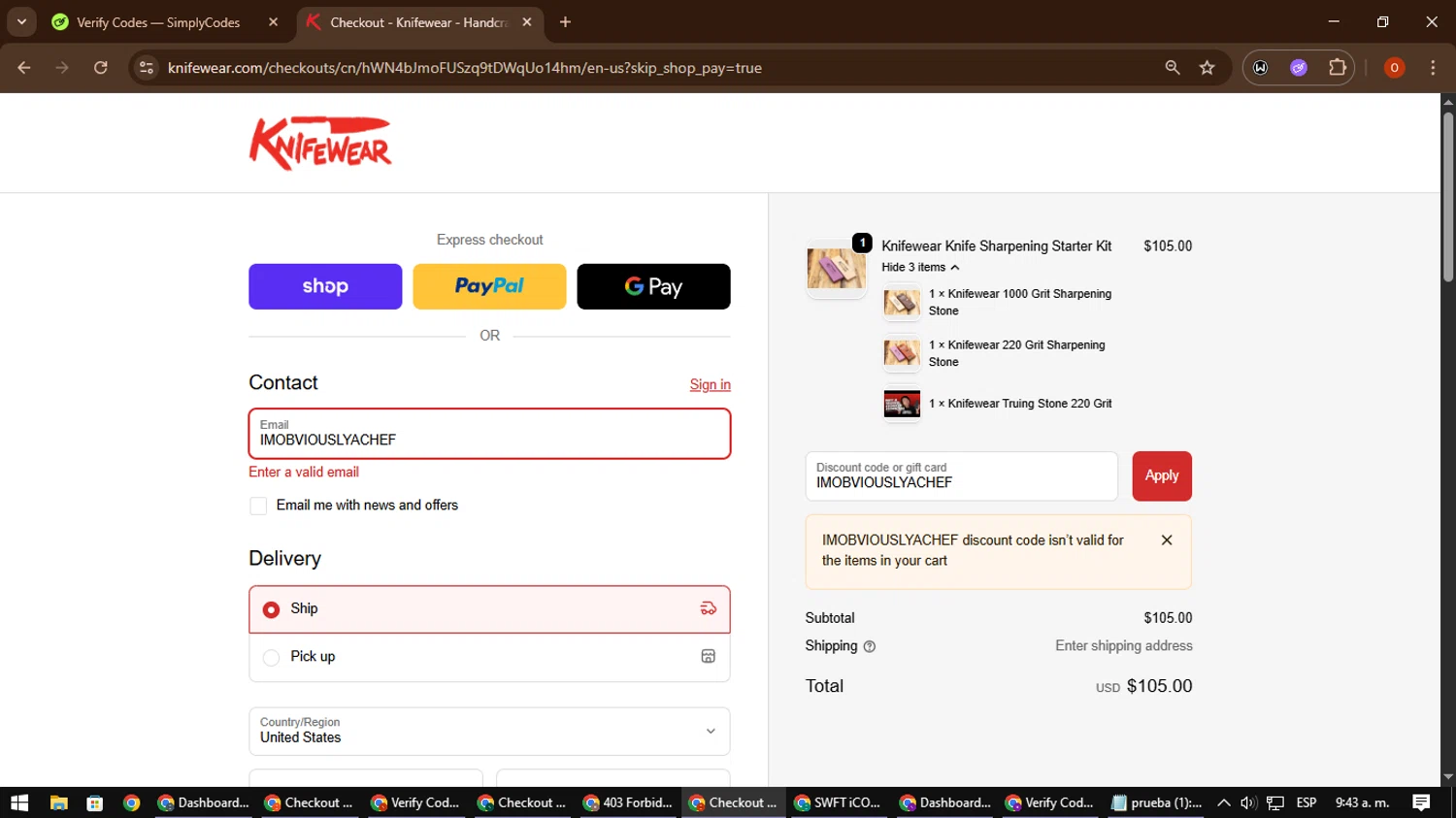 Knifewear discount code screenshot showing code IMOBVIOUSLYACHEF applied at Knifewear checkout page. Uploaded by SimplyCodes community member CleverSpotter3730 on Oct 27, 2025