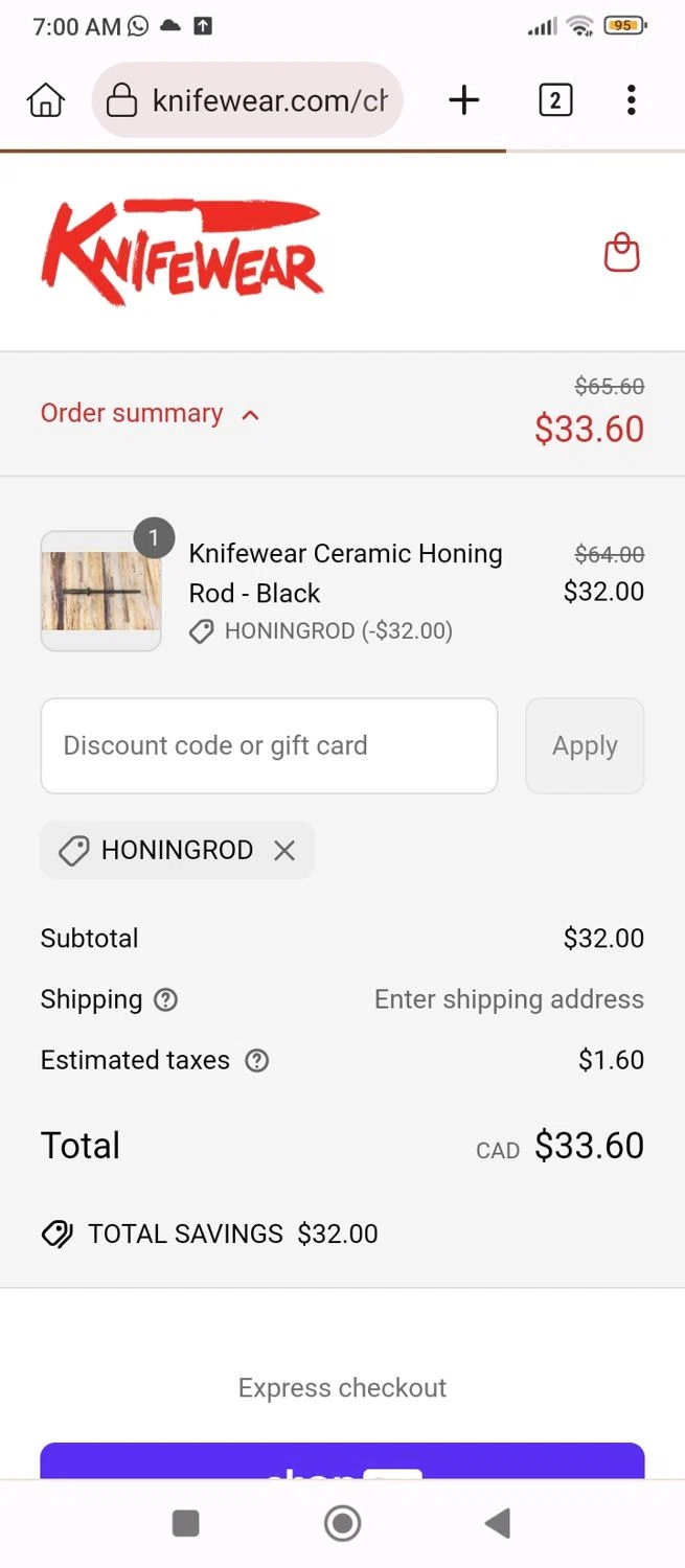 Knifewear discount code screenshot showing code HONINGROD applied at Knifewear checkout page. Uploaded by SimplyCodes community member Kuromii_05 on Mar 23, 2025
