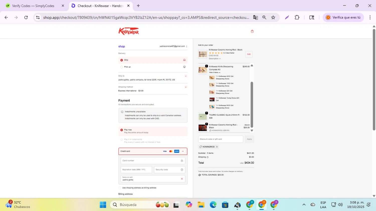 Knifewear discount code screenshot showing code HONINGROD applied at Knifewear checkout page. Uploaded by SimplyCodes community member jesusalvarez1 on Oct 19, 2025