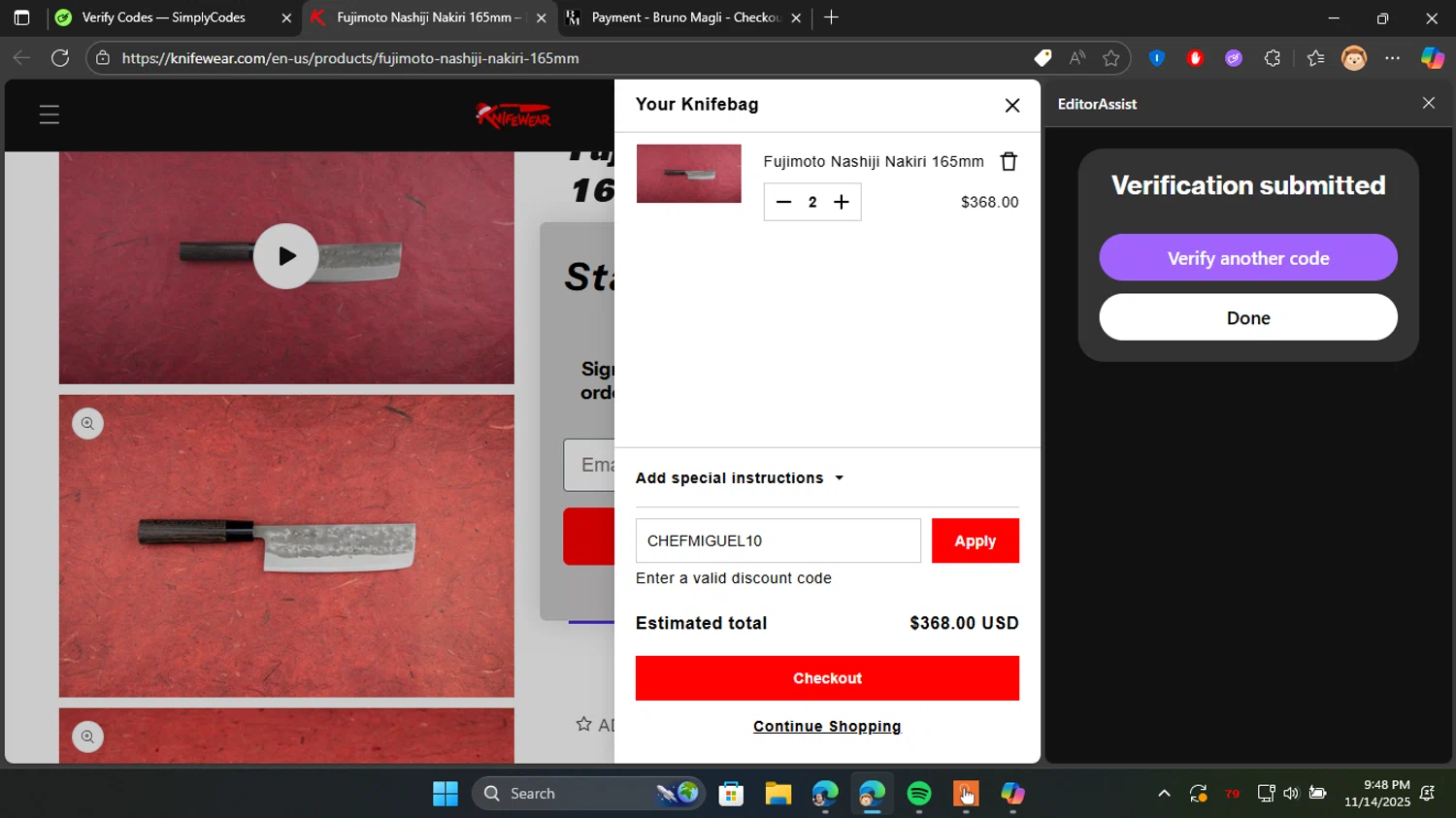 Knifewear discount code screenshot showing code CHEFMIGUEL10 applied at Knifewear checkout page. Uploaded by SimplyCodes community member Don_Quixote on Nov 15, 2025