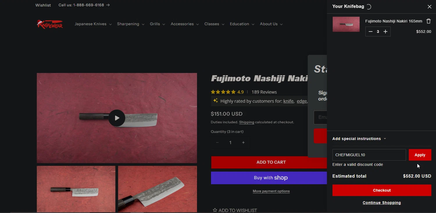Knifewear discount code screenshot showing code CHEFMIGUEL10 applied at Knifewear checkout page. Uploaded by SimplyCodes community member Nor_man on Nov 15, 2025