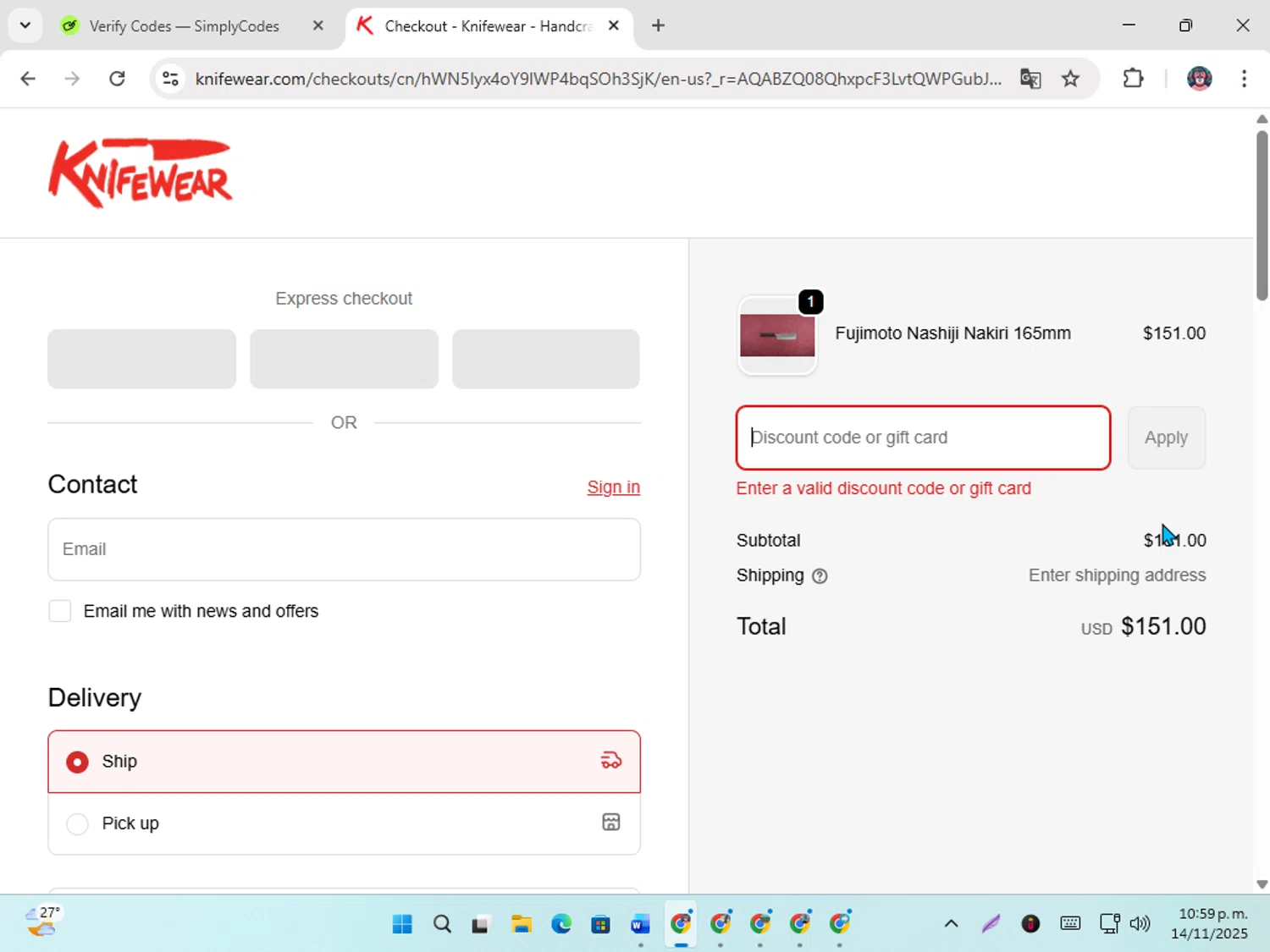 Knifewear discount code screenshot showing code CHEFMIGUEL10 applied at Knifewear checkout page. Uploaded by SimplyCodes community member karoline on Nov 15, 2025