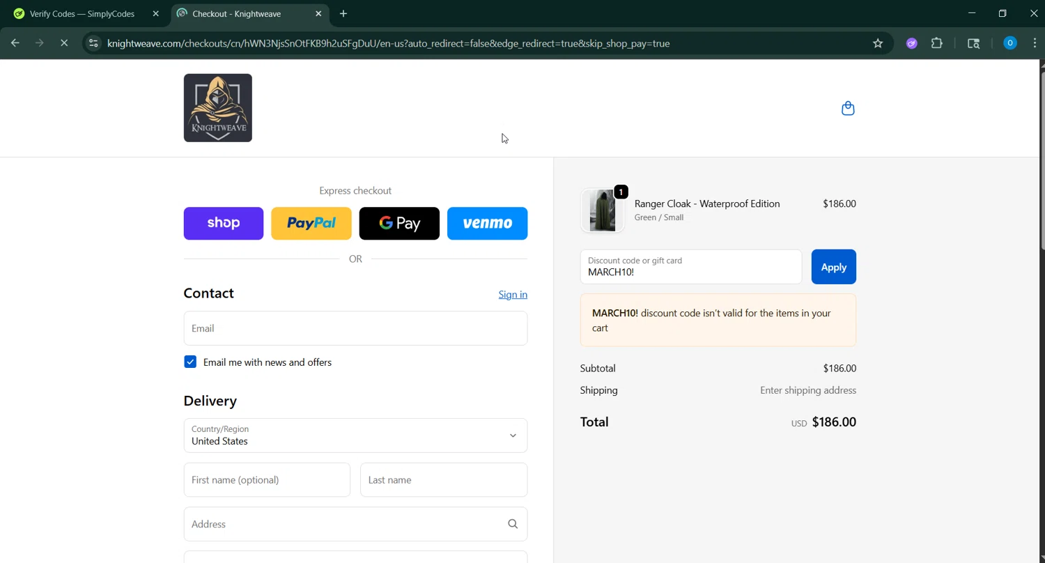Knightweave discount code screenshot showing code MARCH10! applied at Knightweave checkout page. Uploaded by SimplyCodes community member RoyalSage9159 on Sep 25, 2025