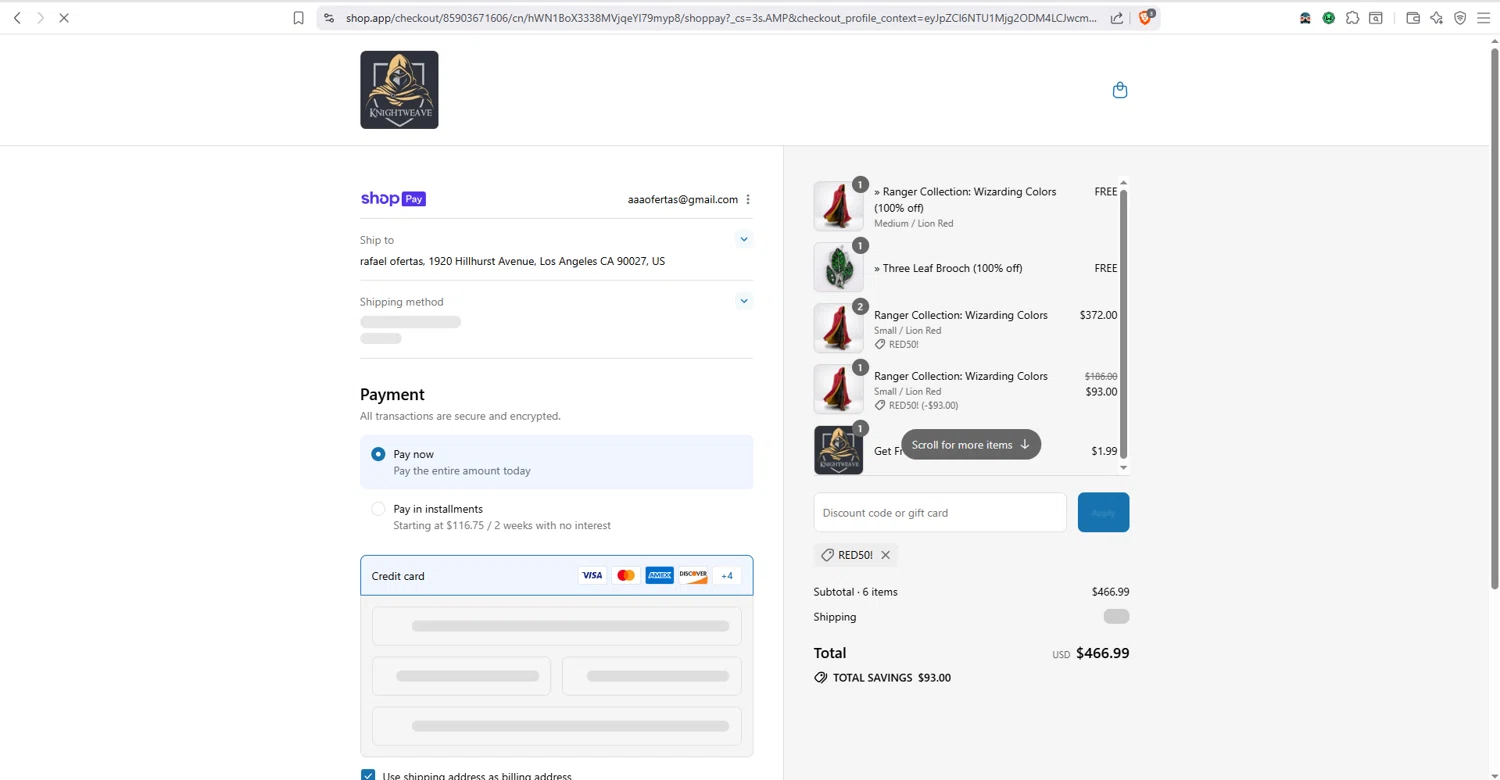 Knightweave discount code screenshot showing code RED50! applied at Knightweave checkout page. Uploaded by SimplyCodes community member dayselis15 on Jul 29, 2025