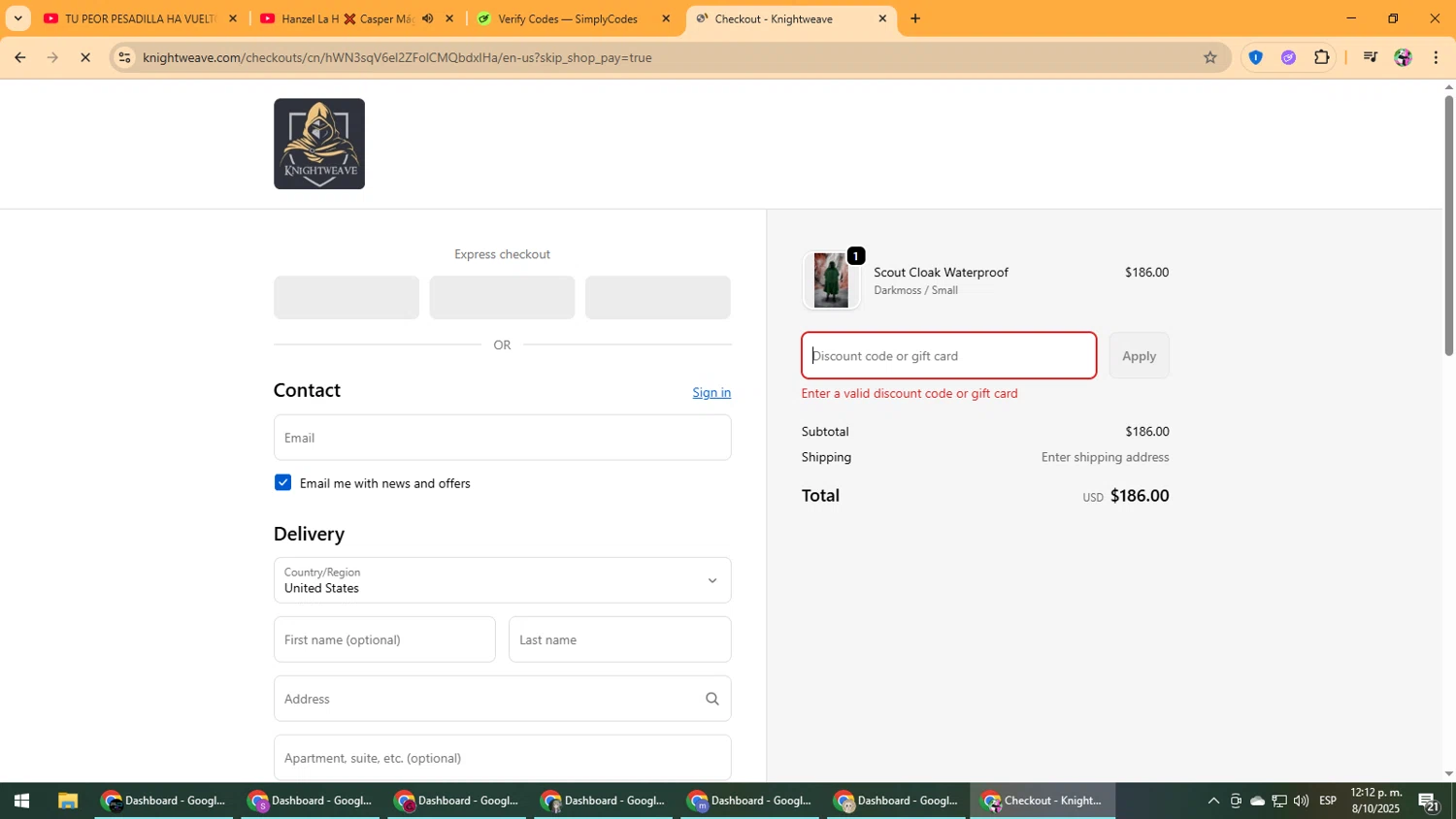 Knightweave discount code screenshot showing code toycommand10 applied at Knightweave checkout page. Uploaded by SimplyCodes community member Vanmanuel on Oct 8, 2025