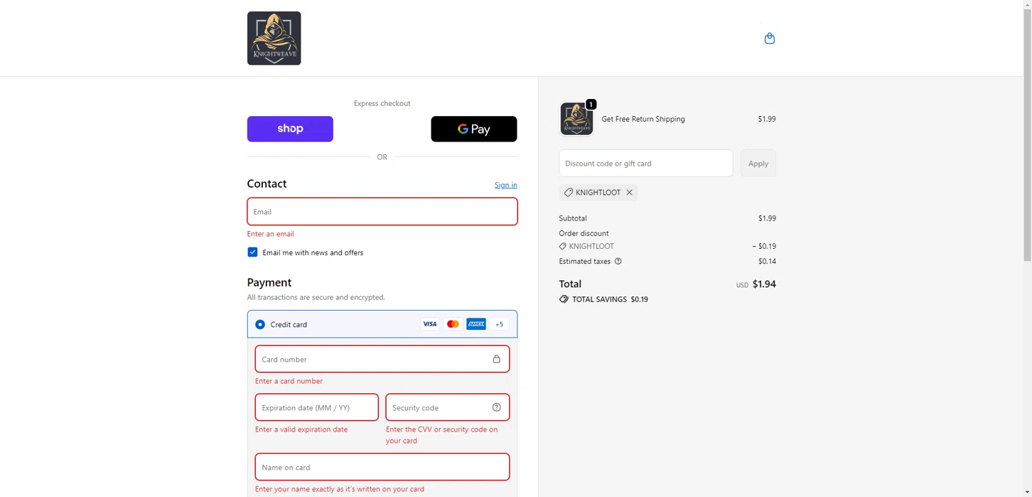 Knightweave discount code screenshot showing code knightloot applied at Knightweave checkout page. Uploaded by SimplyCodes community member ExtraordinaryShopper780 on Oct 30, 2025