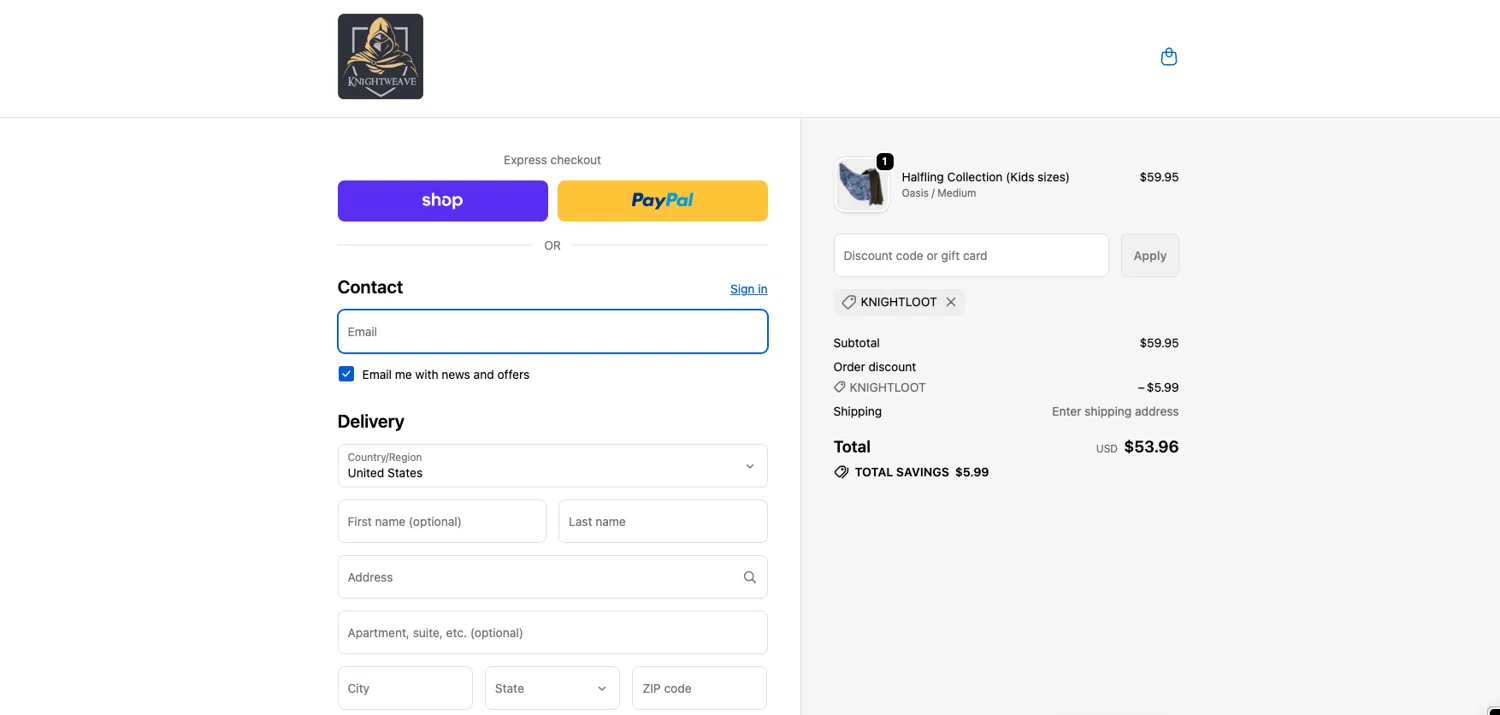 Knightweave discount code screenshot showing code knightloot applied at Knightweave checkout page. Uploaded by SimplyCodes community member ELOIN777 on Oct 30, 2025