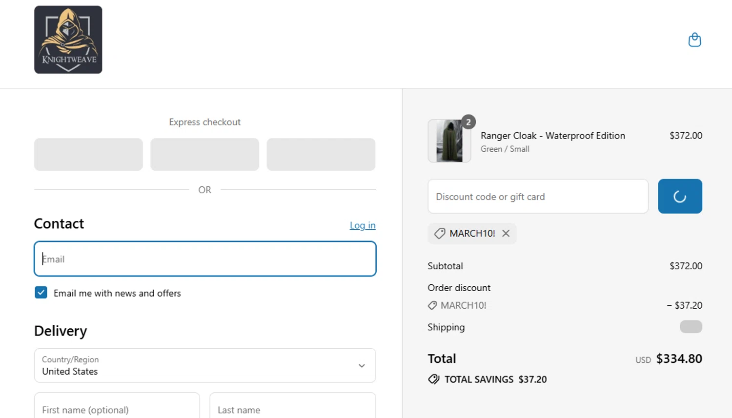 Knightweave discount code screenshot showing code MARCH10! applied at Knightweave checkout page. Uploaded by SimplyCodes community member yeresojperez on Jul 29, 2025