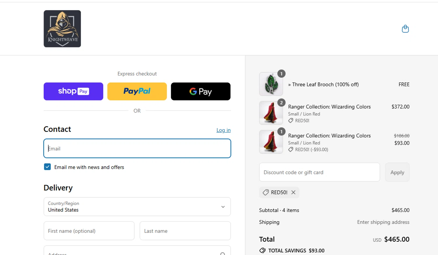 Knightweave discount code screenshot showing code RED50! applied at Knightweave checkout page. Uploaded by SimplyCodes community member yeresojperez on Jul 29, 2025
