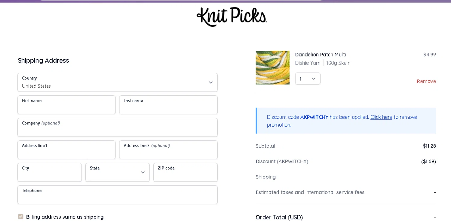 KnitPicks promo code screenshot showing code AKPWITCHY applied at KnitPicks checkout page. Uploaded by SimplyCodes community member beatrizcastillo on Jun 7, 2026