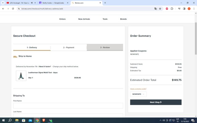 Knives.com checkout page showing Knives.com promo code box | Screenshot taken by SimplyCodes community member on Oct 31, 2023