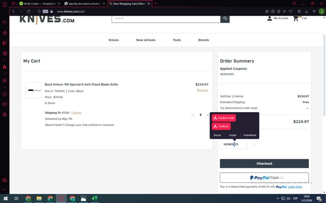Knives.com checkout page showing Knives.com promo code box | Screenshot taken by SimplyCodes community member on May 3, 2024